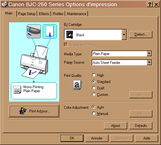 Options d'impression sous Windows 2000