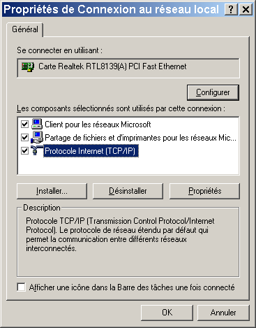 Les propriétés réseau de Windows 2000/XP
